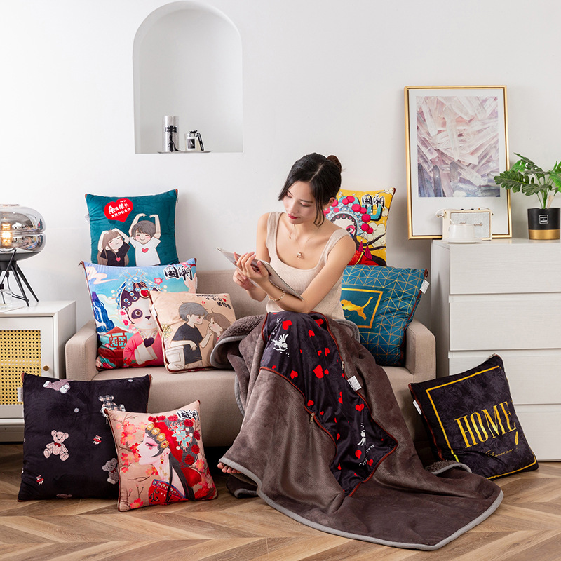 加厚冬季新两用抱枕被子男女羊羔绒抱枕汽车办公室沙发午休小毛毯