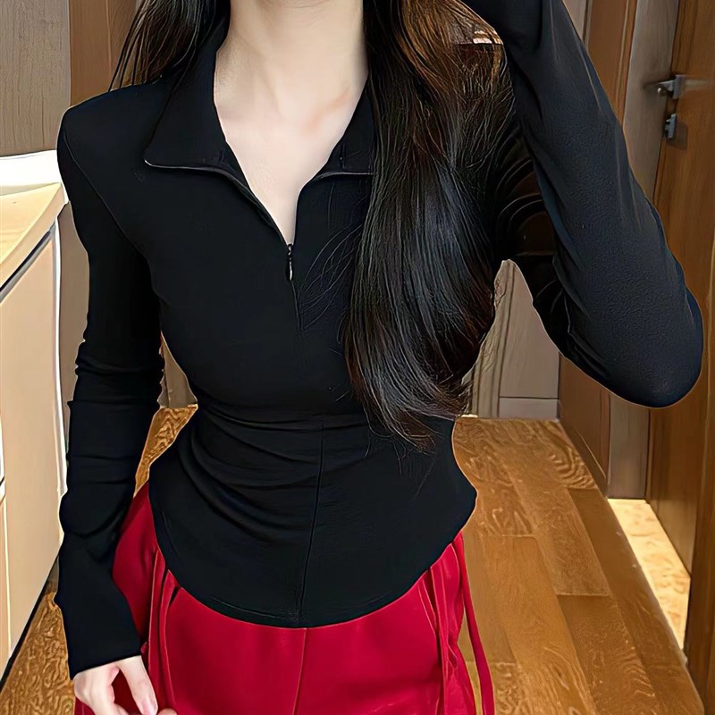 好货2024春季时尚立领长袖T恤女修身收腰显瘦辣妹洋气百搭打底衫