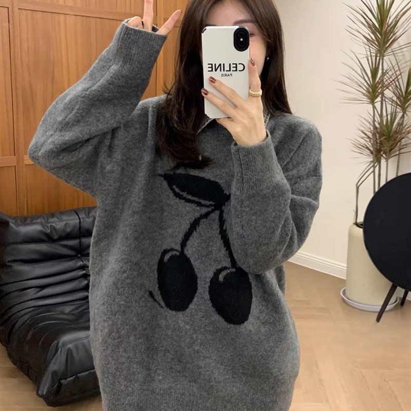 好货欧货假两件米奇樱桃针刺绣针织衫毛衣女慵懒风宽松时尚套头上