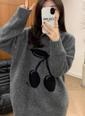 好货欧货假两件米奇樱桃针刺绣针织衫毛衣女慵懒风宽松时尚套头上