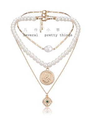 [几件小事]森女系清新名媛风圆硬币人像镂空小花珍珠多层锁骨项链
