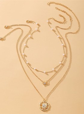 Sun Pendant clavicle chain retro pearl multi-layer Necklace