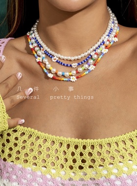几件小事波西米亚森女系小清新甜美田园风碎花雏菊仿珍珠多层项链
