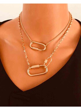 欧美跨境简约双层登山扣合金项链配饰  复古几何吊坠项饰女 14720