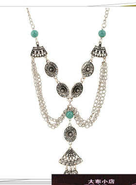 项链合金简约长款绿松石 欧美铜钱钱币流苏外贸复古雕花 衣饰合金