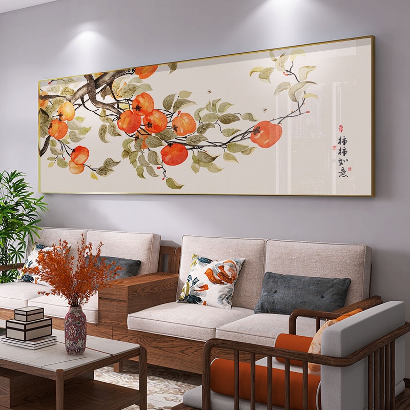 定做客厅柿柿如意装饰画新中式沙发背景墙九鱼图晶瓷挂画锦鲤酒店图片