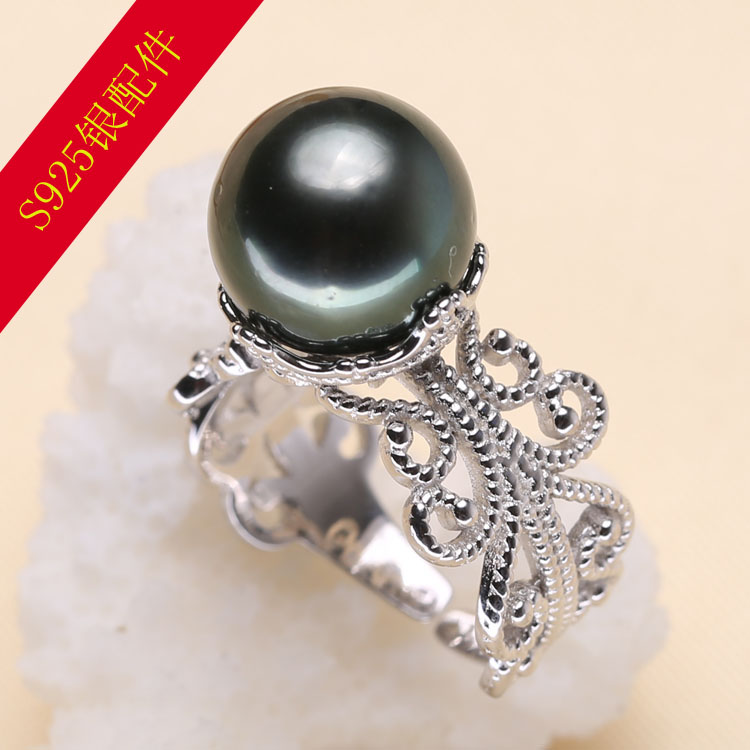 DIY配件S925银复古镂空戒指托指环半成品调节活口珍珠空托饰品