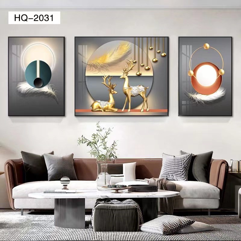 网红小晶装饰画沙发背景墙三联画客厅2022挂画轻奢新款墙画现代瓷图片