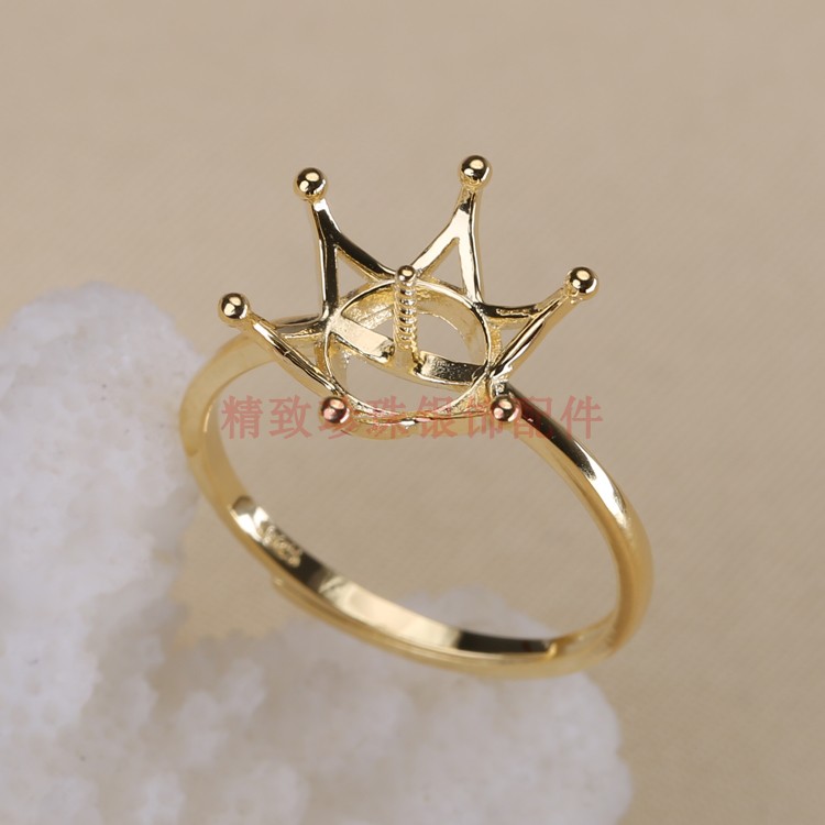 DIY配件S925银经典皇冠遮瑕款戒指托指环调节珍珠戒托空托饰品