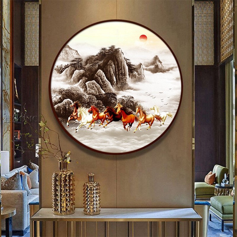 网红八骏图挂画客厅马装饰画八匹骏马圆形办公室壁画字画玄关马到图片