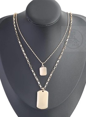 -Hip Hop tend Alloy Square Pendant Double Layer Necklace Wom