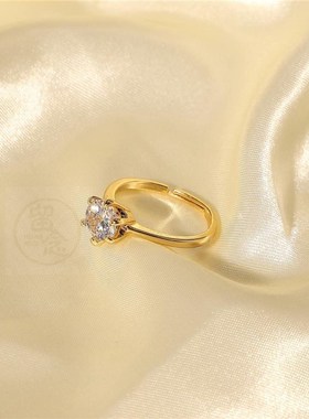 -INS style ring 18K gold white round zircon six-prong ring r