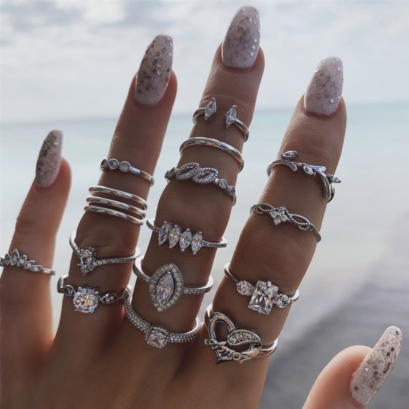 15pcs sets rings women 人像金币十字架花纹镶钻爱心戒指15件套