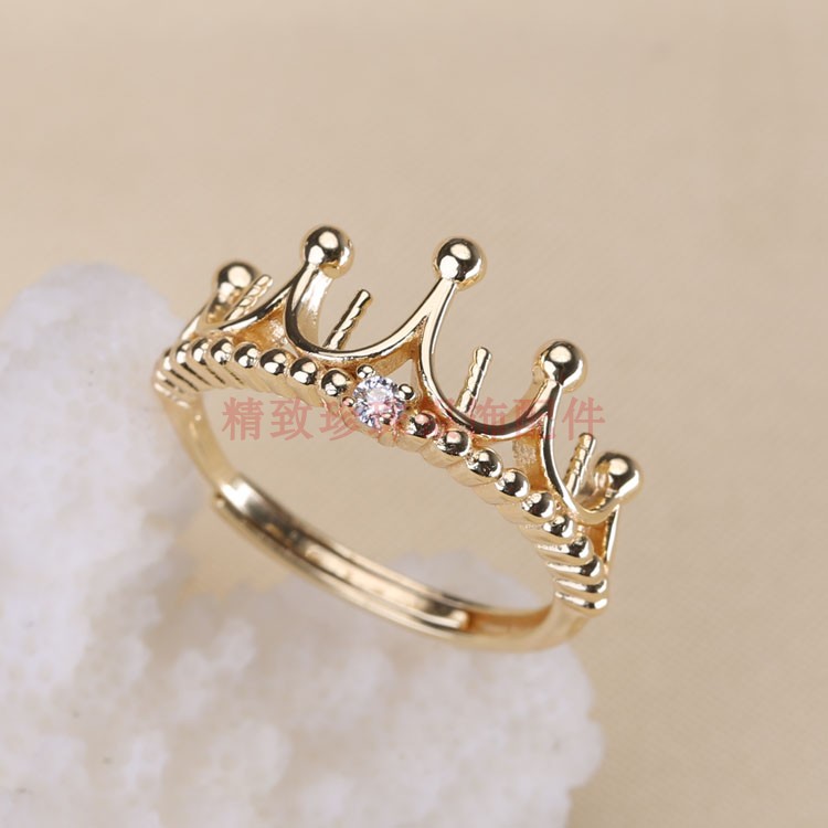 DIY配件S925银3-4小珠子皇冠戒指托指环调节活口珍珠戒托空托饰品