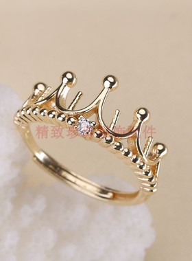 DIY配件S925银3-4小珠子皇冠戒指托指环调节活口珍珠戒托空托饰品