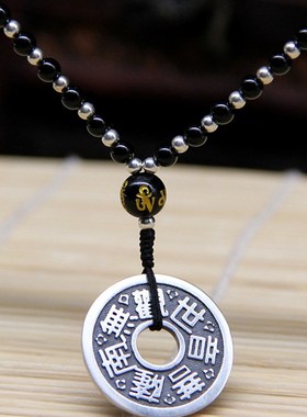 银饰925纯银平安扣六字黑曜石吊坠阿弥陀佛项链南无观音菩萨挂件