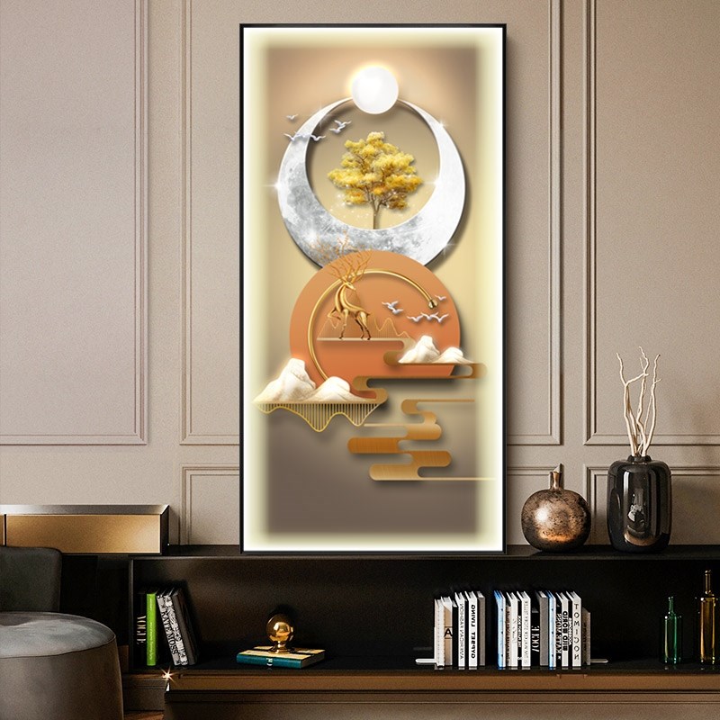 网红新中式竖版背景墙九鱼带灯晶瓷发光装饰画客厅卧室福禄玄关挂图片
