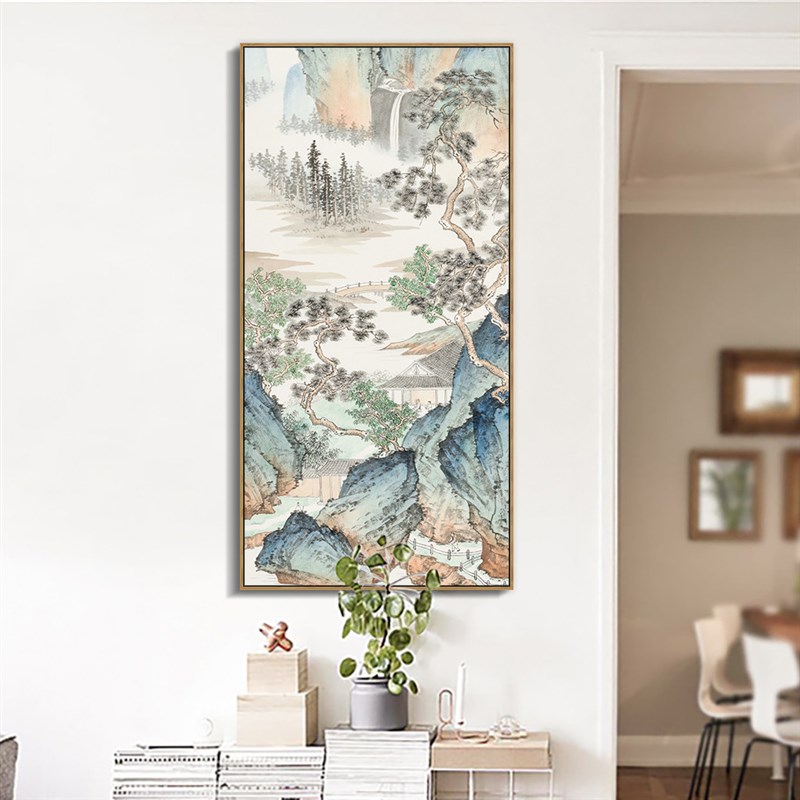 新中式玄关墙面装饰竖客厅走廊楼梯过道挂画禅意风景壁画水墨山水图片