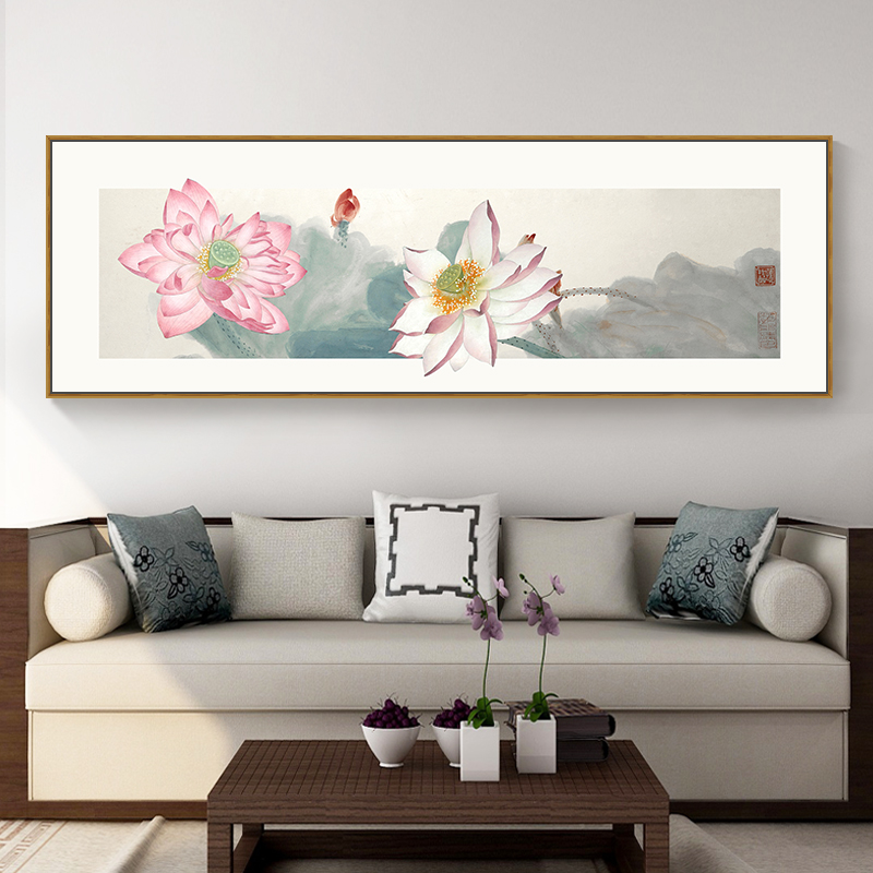 荷花新中式客厅沙发背景墙装饰画莲花卧室床头挂画原木风餐厅壁画图片