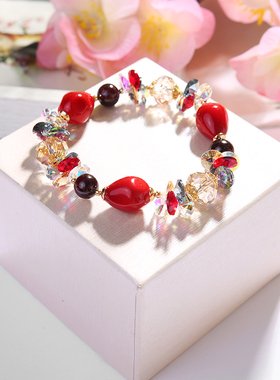 本命年天然水晶石榴石手链女红枣贝珠手串定制气质女友生日礼物