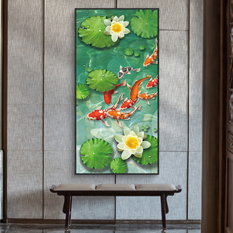 玄关装饰画九鱼图新中式入户门厅走廊过道楼梯挂画竖款禅意水墨画图片