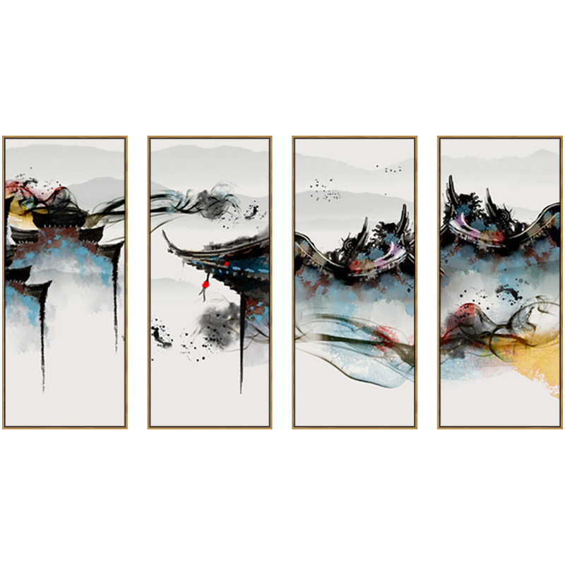 新中式徽派建筑客厅装饰画壁画沙发背景墙四联竖禅意水墨抽象挂画图片