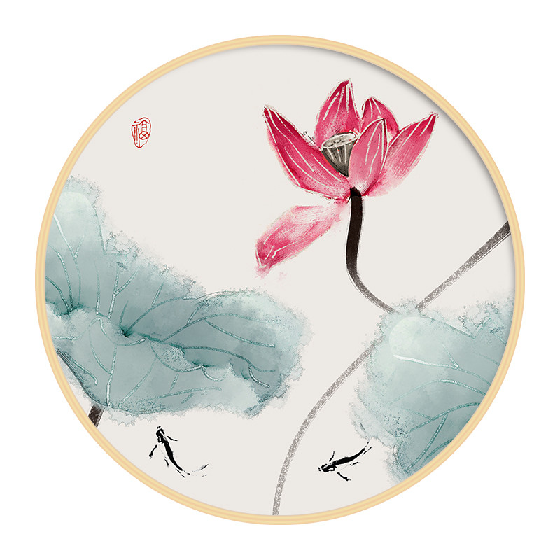 新中式圆形装饰画水墨荷花禅意玄关现代沙发背景墙画中式客厅挂画图片