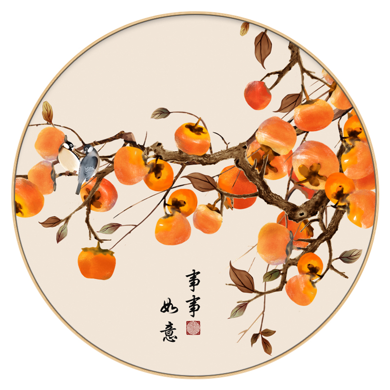 事事如意新中式圆形装饰画柿子画餐厅墙面装饰挂画玄关客厅寓意好图片