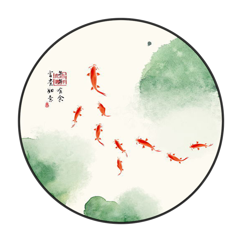 荷花九鱼图装饰画新中式挂画中国风圆形餐厅壁画玄关墙画九鱼聚财图片