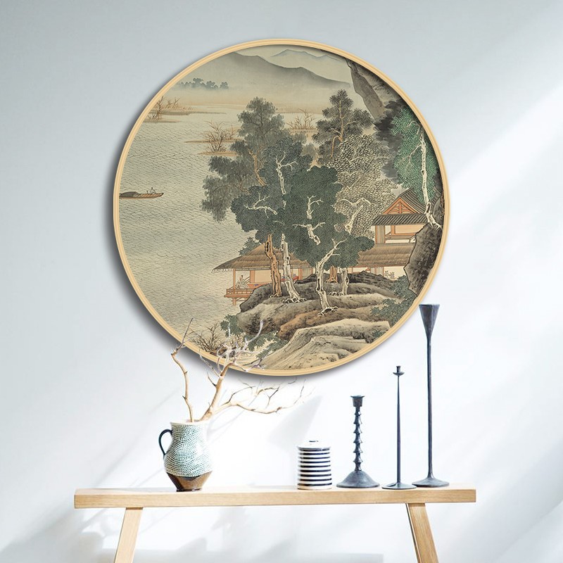 新中式装饰画 圆形走廊过道山水墨禅意茶楼客厅卧室 实木玄关挂画图片