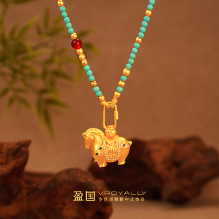 盈国【唐马】金色小马吊坠可爱新中式坠链百搭珠链时尚项坠
