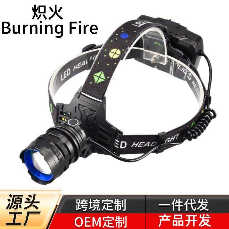 跨境大功率LED强光头灯白激光远射双光源黄光充电赶海夜钓鱼蓝光