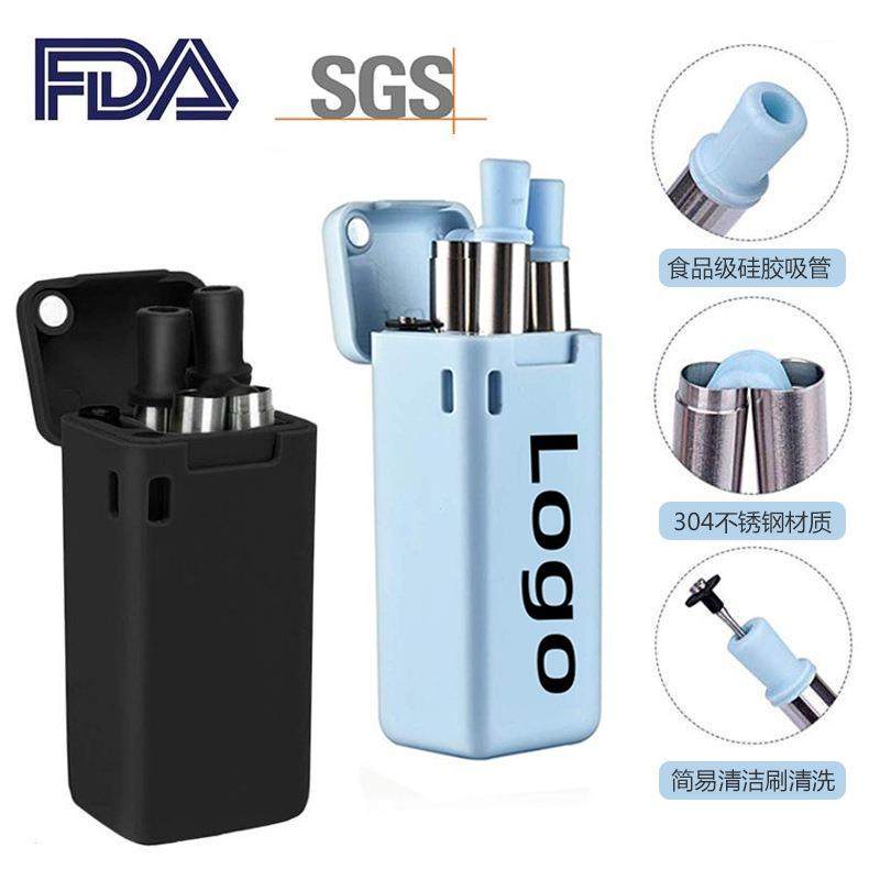 亚马逊新款折叠吸管伸缩吸管可折叠可重复使用不锈钢吸管硅胶吸管