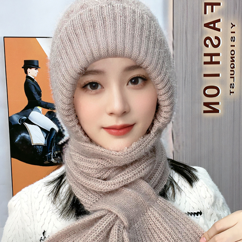 加厚加绒风雪帽冬季保暖防寒新款针织毛线帽护耳护颈帽子围巾一体