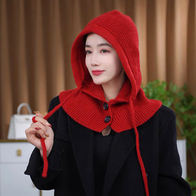 时尚针织巴拉克拉法帽女秋冬保暖护耳包头帽女大头围帽子围脖一体