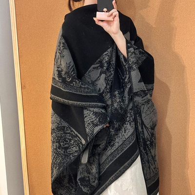2025新款水墨画披肩女初秋气质江南文艺高级感围巾双面斗篷披风女