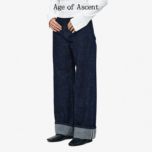 AgeofAscent翻折裤脚阔腿牛仔裤