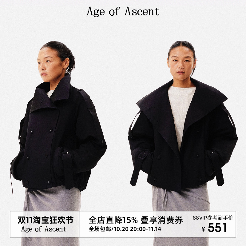 Age of Ascent 实穿主义城市御冬经典黑色双排扣防风领风衣棉服