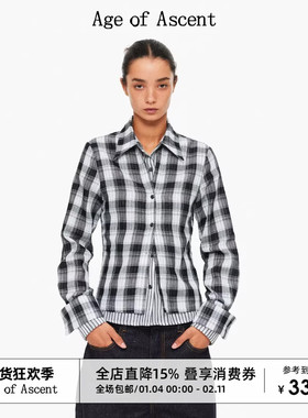 Age of Ascent 重工设计感复合全棉面料格纹条纹拼接假两件衬衫
