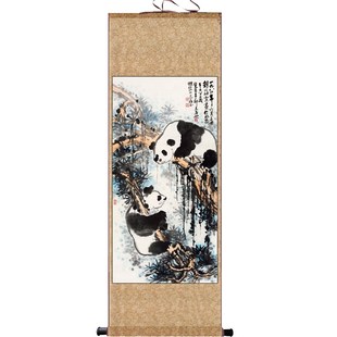熊猫画国宝吉祥动物生肖挂画装饰画玄关J字画送老外礼品卷轴画酒