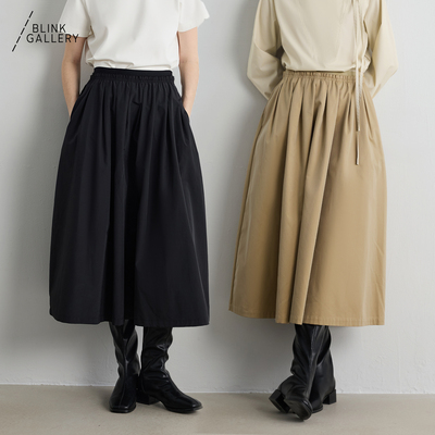 BLINK/ 高腰精裁压褶A字裙伞裙全棉半身裙纯色百搭大裙摆蓬蓬裙子