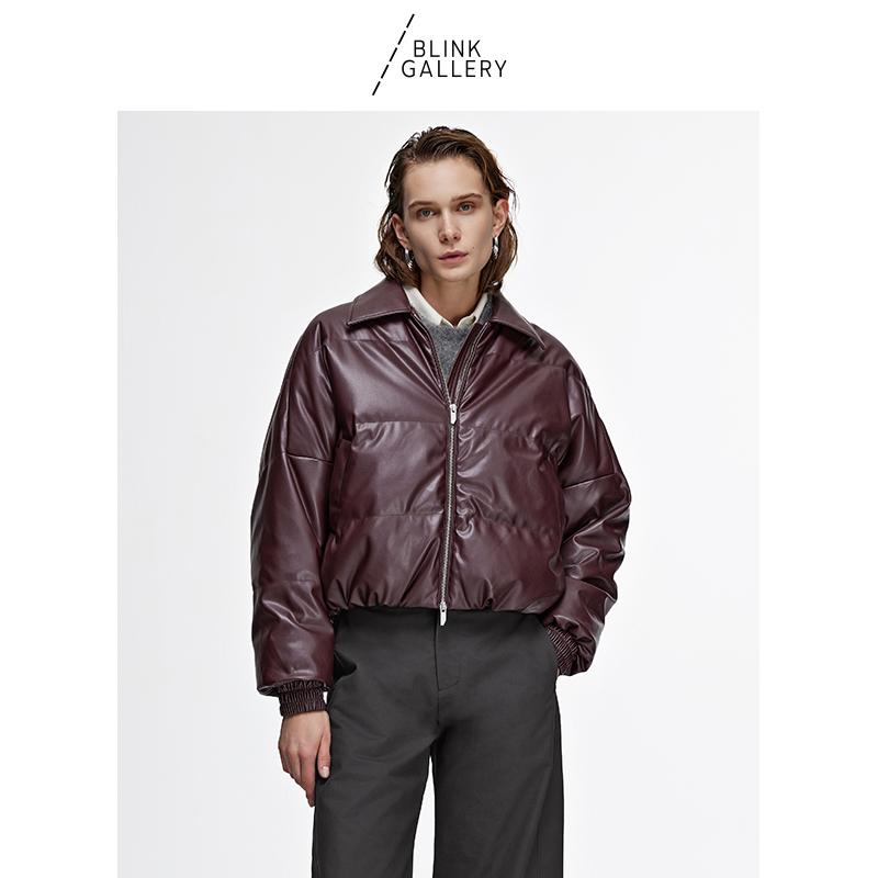 BLINK/安可拉红机车通勤风蛋白皮羽绒服短款面包服宽松夹克外套