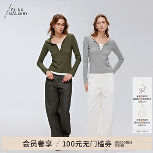 BLINK/两色假两件时髦女知识分子风撞色长袖T恤打底舒适叠穿