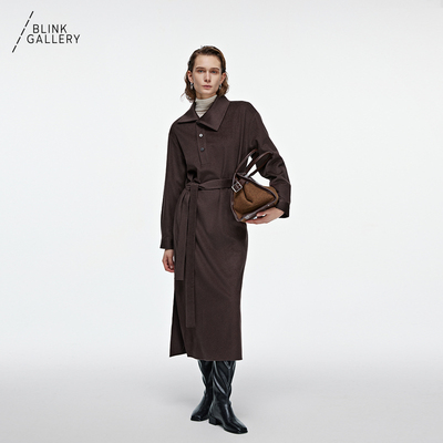 BLINK/斜门襟系带收腰连衣裙羊毛直身气质打底女小众设计感