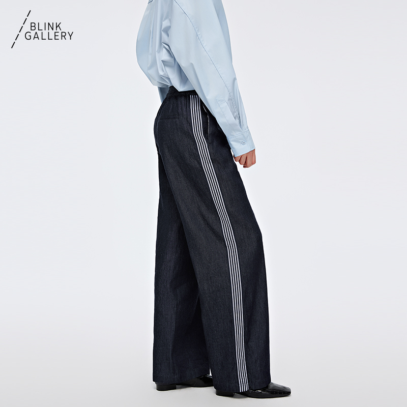 BLINK / 「时髦运动」拼接织带靛蓝水洗牛仔高腰休闲裤装