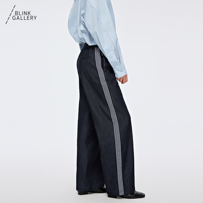 BLINK / 「时髦运动」拼接织带靛蓝水洗牛仔高腰休闲裤装