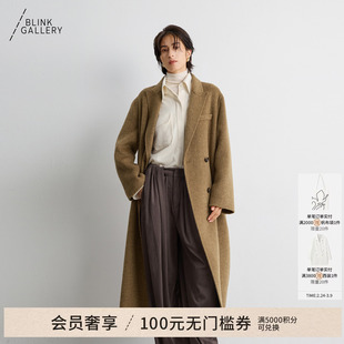 BLINK/进口澳洲美丽诺羊毛微廓落叶黄人字纹毛呢大衣枪驳领外套