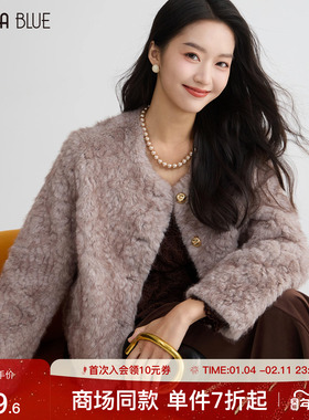SeRina Blue商场同款2025冬季高级感仿皮毛一体毛绒短外套女上衣