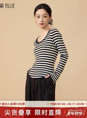 SeRina Blue商场同款2025秋季新款藏蓝色白色条纹圆领女士长袖t恤