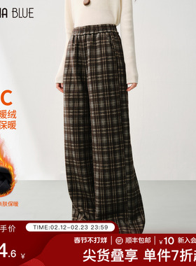 SeRinaBlue2025冬季新款复古格子加绒加厚休闲裤女裤松紧腰长裤子